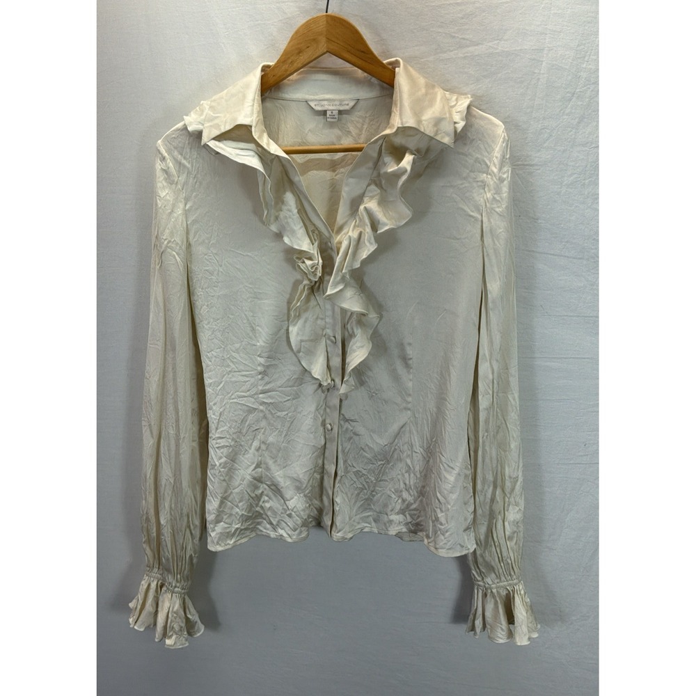 ST JOHN Couture Button Up Ruffle Silk Stretch Blouse Women's Sz 6 Ivory Office